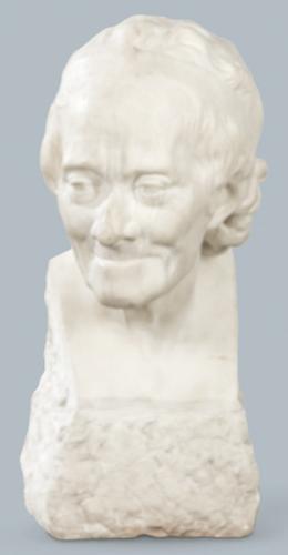 Lote 1261: Bigeand? Francia S. XIX
"Voltaire"
Busto tallado en mármol blanco. Firmado. Inspirado en el busto del artista del siglo XVIII Houdon.
