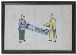Lote 1363
"Dos Hombres Viendo un Rollo" pintados a Gouache sobre papel de arroz, China, Dinastía Qing S. XIX.