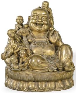 Lote 1387: "Ho-Shang con Niños" en bronce dorado China,primer tercio S. XX.