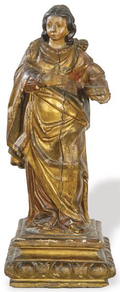 Lote 1471: ESCUELA ESPAÑOLA FNS. S. XVIII - Escuela Española ff. S. XVIII
"Santa Lucía"
Escultura de madera policromada y dorada