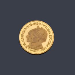 Lote 2799
Moneda conmemorativa Alfonso XIII y Victoria Eugenia en oro de 22 K.
Con certificado