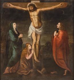 Lote 0033
ESCUELA VALLISOLETANA S. XVII - Cristo crucificado rodeado de la Virgen María, San Juan Evangelista y la Magdalena