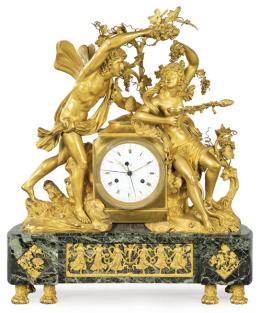 Lote 1056: Thomire Le Jeune (1751-1843)
Reloj de sobremesa estilo imperio en bronce cincelado y dorado sobre base de mármol verde representando a “Zephir et Erigone”.