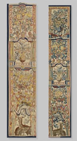 Lote 1225
Dos fragmentos de tapiz tejidos en lana y seda, decorado con jarrones con flores y frutas.
Flandes, S. XVII
