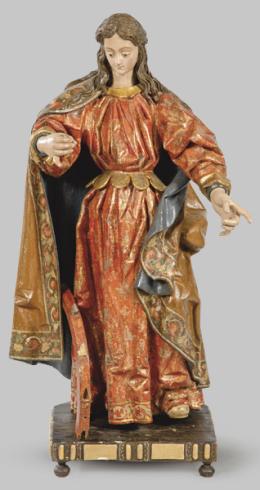 Lote 1239: Círculo de Gregorio Fernández (Lugo 1576-Valladolid 1636)
"Santa Catalina"
Escultura de madera tallada, policromada, dorada y estofada.