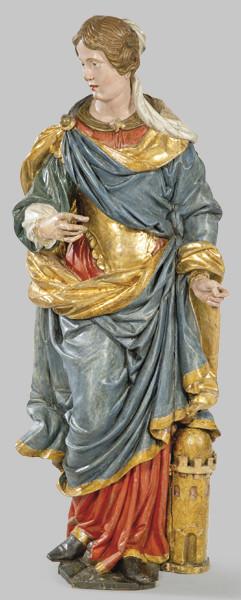 Lote 1246: Escuela Flamenca S. XVII
"Santa Bárbara"
Escultura de adosar en madera tallada, policromada y dorada.