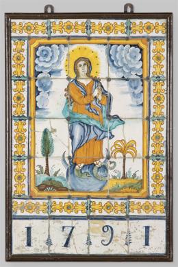 Lote 1249: "Inmaculada".Conjunto de azulejos en loza estannífera blanca polícroma decorada en azul, negruzco, amarillo, verde y naranja. Enmarcado en una orla de motivos vegetales. 
Valencia, fechado 1791