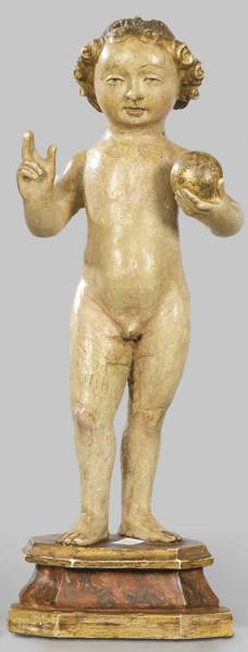 Lote 1255: "Niño Jesús Salvator Mundi", Malinas primer tercio S. XVI
Escultura de madera tallada, policromada y dorada.