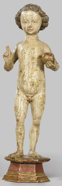 Lote 1256: Niño Jesús Salvator Mundi", Malinas primer tercio S. XVI
Escultura de madera tallada, policromada y dorada.