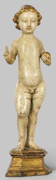 Lote 1258: "Niño Jesús Salvator Mundi", Malinas primer tercio S. XVI
Escultura de madera tallada, policromada y dorada.