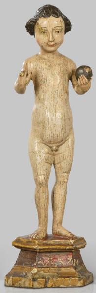 Lote 1259: "Niño Jesús Salvator Mundi", Malinas primer tercio S. XVI
Escultura de madera tallada, policromada y dorada.