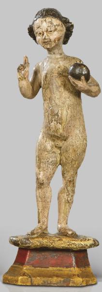 Lote 1260: "Niño Jesús Salvator Mundi", Malinas primer tercio S. XVI
Escultura de madera tallada, policromada y dorada.