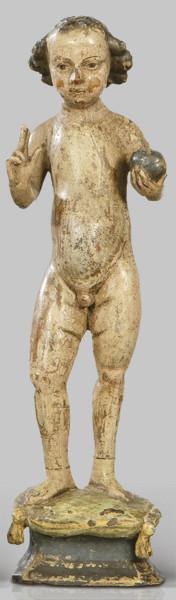 Lote 1261: "Niño Jesús Salvator Mundi", Malinas primer tercio S. XVI
Escultura de madera tallada y policromada.