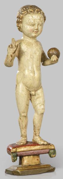 Lote 1264: "Niño Jesús Salvator Mundi", Malinas primer tercio S. XVI
Escultura de madera tallada, policromada y dorada.