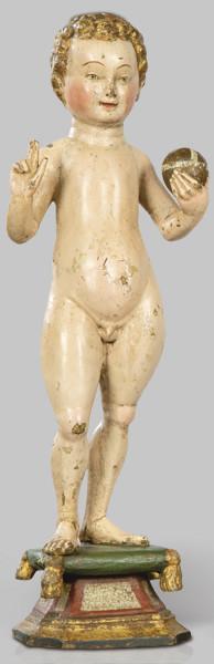 Lote 1265: "Niño Jesús Salvator Mundi", Malinas primer tercio S. XVI
Escultura de madera tallada, policromada y dorada.