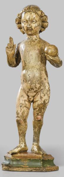 Lote 1266: "Niño Jesús Salvator Mundi", Malinas primer tercio S. XVI
Escultura de madera tallada, policromada y dorada.