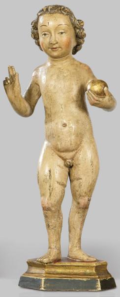 Lote 1267: "Niño Jesús Salvator Mundi", Malinas primer tercio S. XVI
Escultura de madera tallada, policromada y dorada.