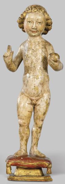 Lote 1268: "Niño Jesús Salvator Mundi", Malinas primer tercio S. XVI
Escultura de madera tallada, policromada y dorada.