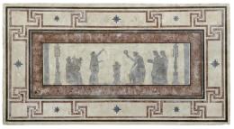 Lote 1270-A: Panel rectangular con decoración de escenas clásicas enmarcadas y rodeadas de cenefa geométrica imitando piedra de porfido en estuco pintado.
