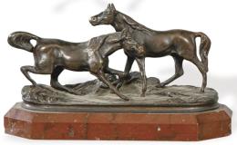 Lote 1476: Siguiendo a Pierre Jules Mené (1810-1879)
"Dos Caballos" ff. S. XIX
Pequeña escultura de bronce patinado
