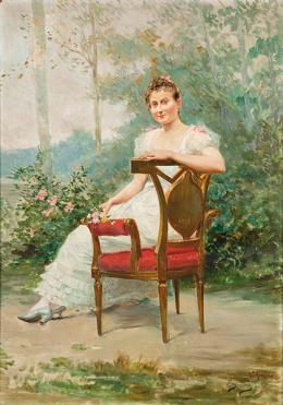Lote 125: MARIANO ALONSO PÉREZ Y VILLAGROSA - Retrato de dama en un jardín