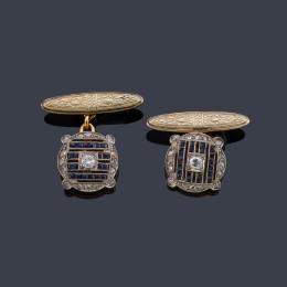Lote 2167: Gemelos 'art decó' con diamantes talla antigua y zafiros calibrados. Años '30.