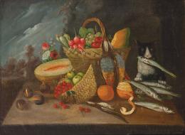 Lote 161: ESCUELA ESPAÑOLA S. XIX - Bodegón con frutero y gato