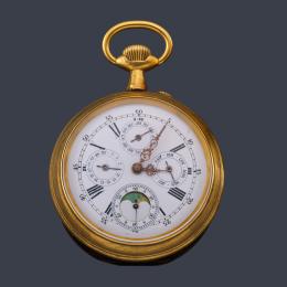 Lote 2493: Reloj lepin triple calendario y fase lunar nº 79816 con caja en metal dorado.