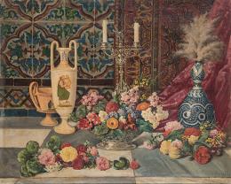 Lote 0199
JOAQUÍN LUQUE ROSELLÓ - Bodegón con centro de flores, candelabro y otros objetos