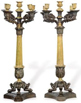 Lote 1031: Pareja de candelabros Napoleon III de bronce dorado y hierro colado, Francia S. XIX.