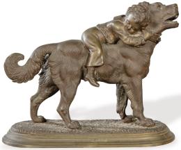 Lote 1040: Siguiendo a Joseph Victor Chemin (Francia 1825-1901)
"Niño Montado en Perro" ff. S. XIX pp. S. XX
Escultura en bronce patinado. Firmado.