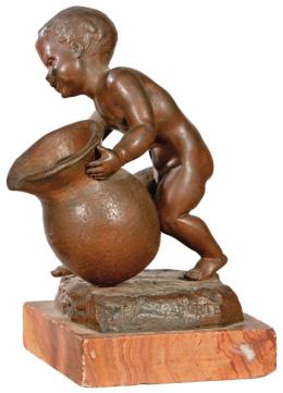 Lote 1041: Siguiendo a Emile Laporte (Francia 1855-1907)
"Niño con Gran Jarra" S. XIX
Figura de bronce patinado sobre base de mármol rosa