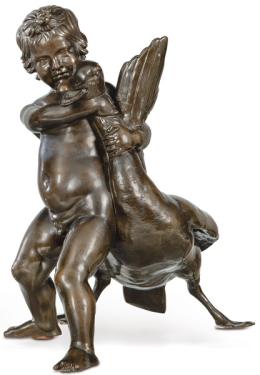 Lote 1063: "Niño con Oca" de bronce patinado, Gran Tour, Italia pp. S. XX