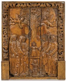 Lote 1087: Escuela Indo-portuguesa, Goa S. XVI
"El Milagro de la Palmera"
Panel de madera de nogal tallado