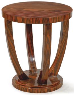 Lote 1280: Mesa auxiliar redonda Art decó en madera de ébano de macassar, sobre patas curvas apoyadas en una plataforma circular.
Francia, años 30