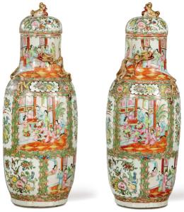 Lote 1414: Pareja de jarrones de porcelana china de Cantón, Dinastía Qing S. XIX.