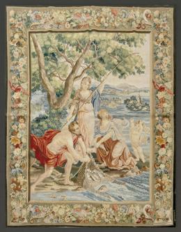Lote 1465
Tapiz, tejido a mano en telar de Alto Lizo, diseño “Alegoría de la Pesca”.
Medida: 1,65 x 2.15
