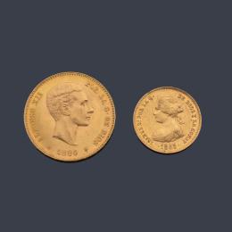Lote 2612
Dos monedas españolas, una de Alfonso XII 25 pesetas 1880 y otra de Isabel II 4 escudos 1863.