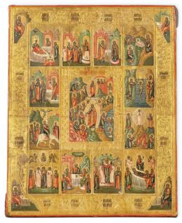 Lote 1013
Escuela Rusa S. XIX
Icono pintado y dorado sobre tabla representando "La Vida de Jesús" en compartimentos con textos en cirílico.