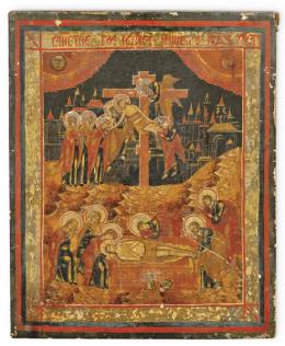 Lote 1018
Escuela Eslava S. XVIII
"El Descendimiento"
Icono pintado al temple sobre tabla y dorado de la región de los Balcanes.
