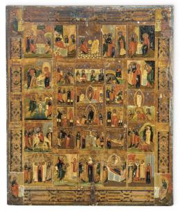 Lote 1019
Escuela Rusa S. XIX
Icono hagiográfico pintado al temple sobre tabla y dorado.