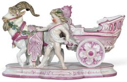 Lote 1031
Grupo escultórico representando a Baco, con una carroza tirado por una cabra sobre pedestal elíptico en porcelana pintada y esmaltada de KPM con marca de h. 1870