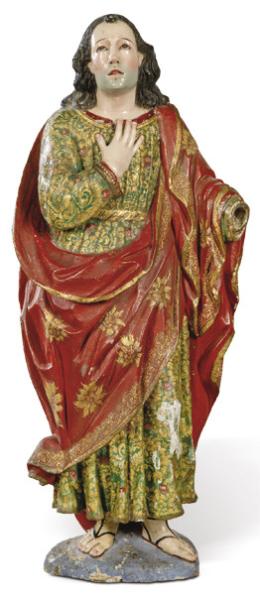 Lote 1074
Atribuído a Manuel Chili "Caspicara" (1723-1796), Escuela Quiteña, Virreinato del Perú
"San Juan"?
Escultura de madera tallada, policromada, dorada y estofada con ojos de pasta vítrea.