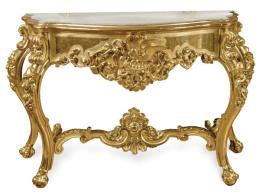 Lote 1085
Consola isabelina estilo Luis XV en madera tallada y dorada, con tapa de mármol blanco.
España, mediados S. XIX