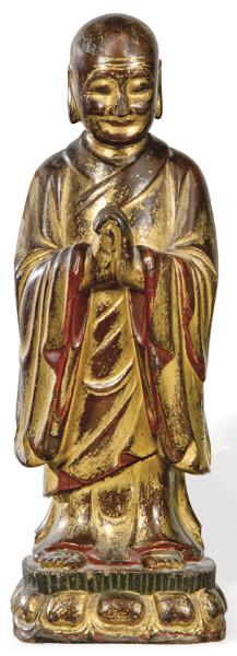 Lote 1360
"Santón" tallado en madera y dorado, China Dinastía Qing S. XIX.