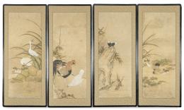 Lote 1367
Cuatro pinturas japonesas sobre papel con borde de seda labrada, Periodo Meiji (1868-1912).
