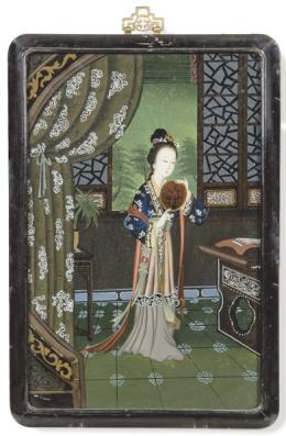 Lote 1376
"Mujer con Pai-pai" pintura bajo cristal, China ff. S. XIX pp. S. XX.
