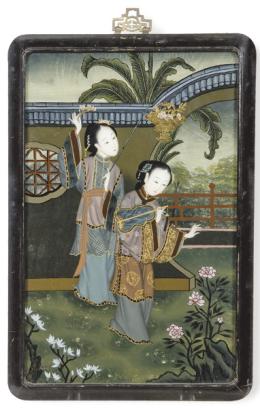 Lote 1377
"Dos Mujeres Chinas" pintura bajo cristal, China ff. S. XIX pp. S. XX.