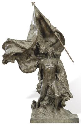 Lote 1424
Leonardo Bistolfi (Italia 1859-1933)
"Allegoria della Vittoria"
Escultura de bronce patinado. Con anagrama, sello de fundición de la Fonderia Tumacalli de Turín y dedicatoria al frente