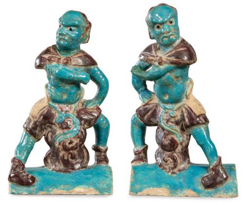  Pareja de tejas de teracota vidriadas en azul turquesa y manganeso Dinastía Ming  (1368 y 1644) 